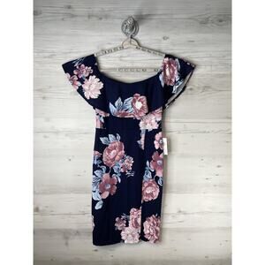 Floral Off-Shoulder Navy Midi Dress with Pink Blooms